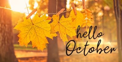 Autumn leaves image with the text 'hello October'