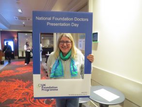 Dr Fiona Cameron posing in a NFDPD selfie frame