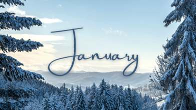 Word January surrounded by snowy trees and a mountain background