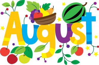 Colourful image of August spelt out with pictures of fruit in the background