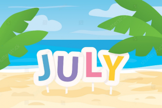 Colourful block letters spelling July, with a cartoon beach background