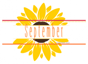 The word 'September' written in orange text over a picture of a sunflower