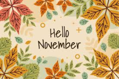 The words 'Hello November' surrounded by autumn coloured leaves