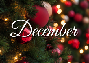 The word December written in white font with a decorated Christmas tree in the background
