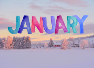 Word 'January' displayed in colourful text on a outside winter snowy background