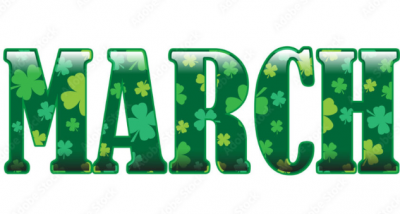 Image of the word 'March' written in green with green clovers decorated on it.