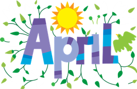 Image of the word 'April' written in purple and blue stripes with a yellow and orange sun and green roots, leaves and a bird decorated on it.