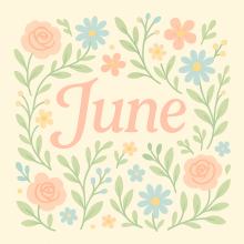 Image of the word 'June' written in orange text with branches and flowers surrounding the word